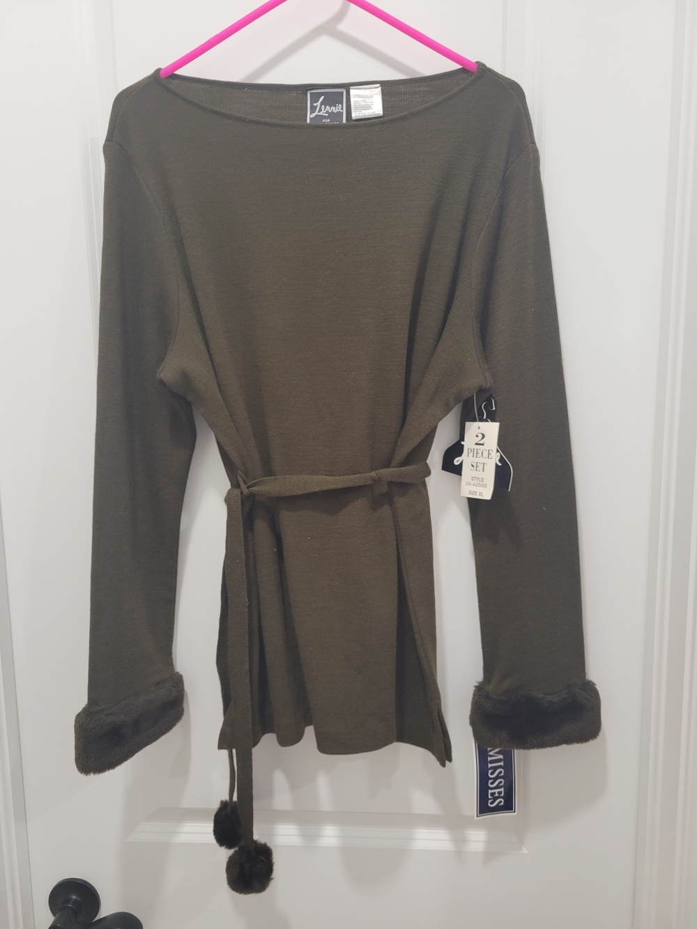 Nina Leonard Olive Green Belted Knit Top with Faux Fur Cuffs 2 Piece Set